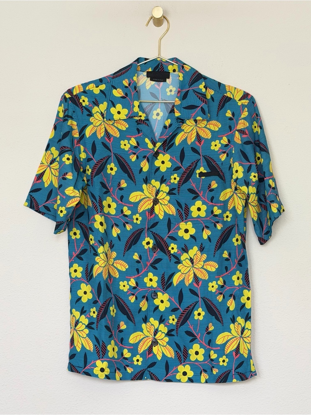 Prada Teal Floral Short-Sleeve Button-Down Shirt